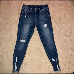 Refuge Dark Wash Skinny Jeans With Frays at Ankles